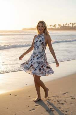 Hem & Thread Floral Halter Neck Tie-Back Sleeveless Mini Dress, Size Medium